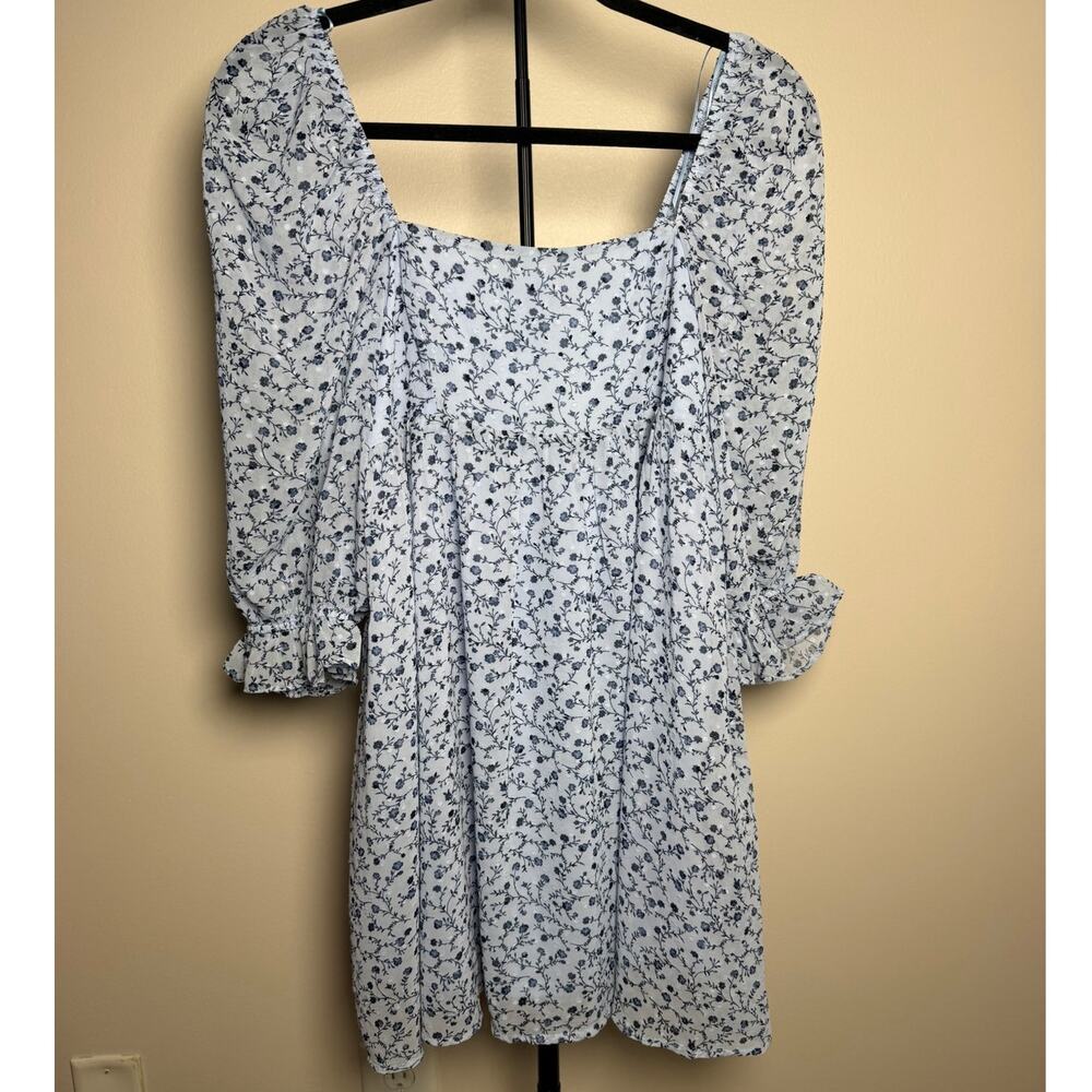 Francesca's Light Blue Floral Square Neck Puff Sleeve Mini Dress Size Medium NWT